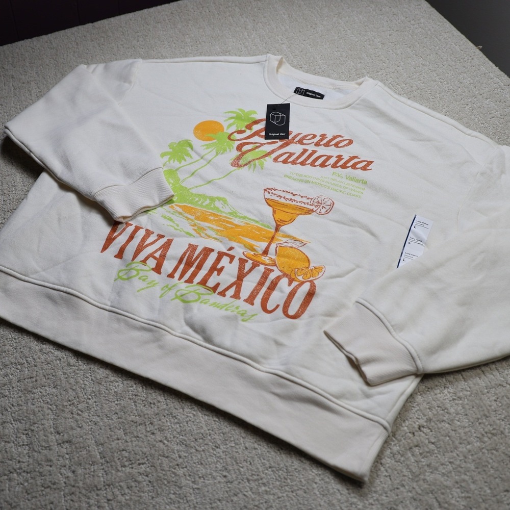 Original Use Puerto Vallarta Viva Mexico Graphic Sweatshirt Off White Large NWT